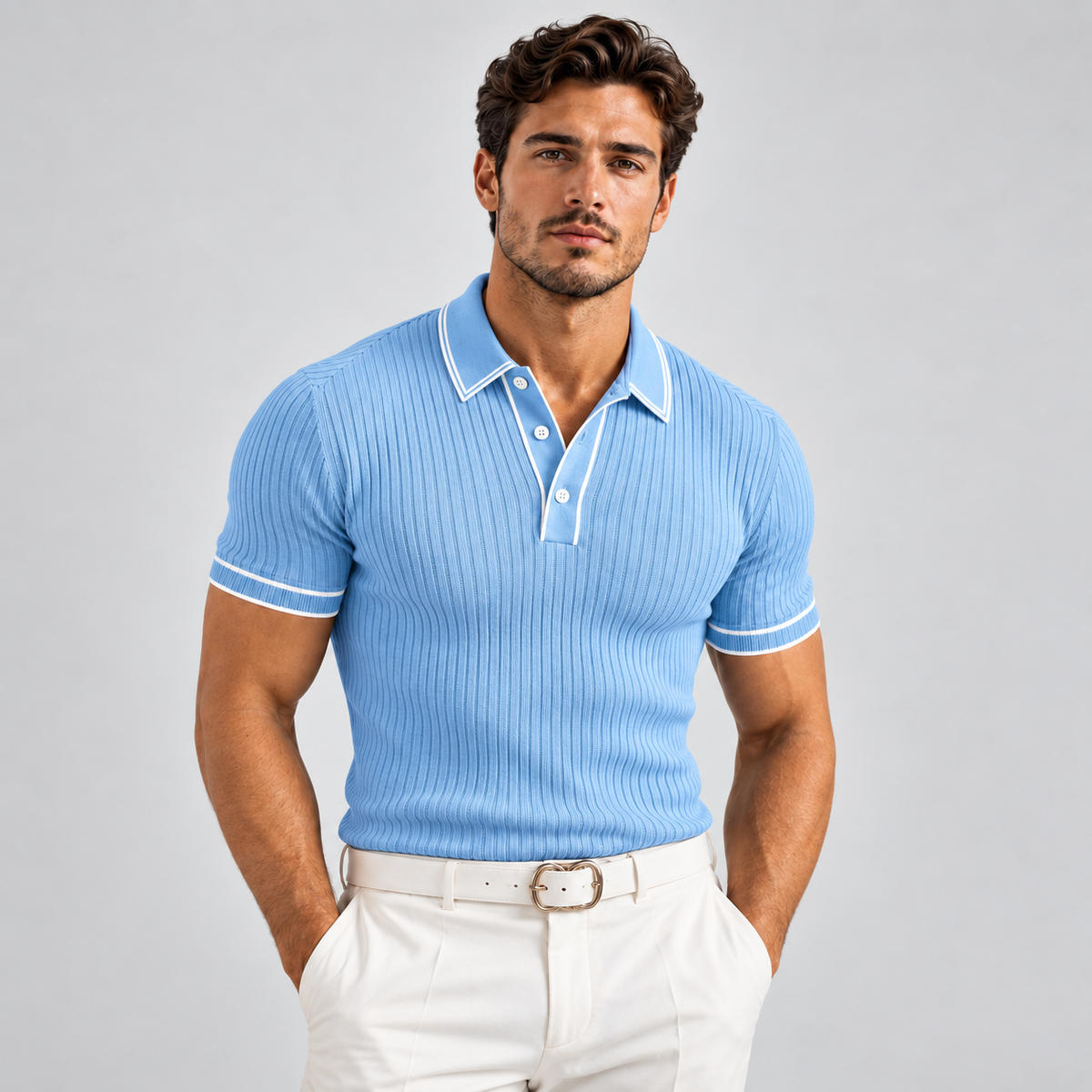 Men's Ribbed Knit Polo Shirt – Contrast Trim, Slim Fit
