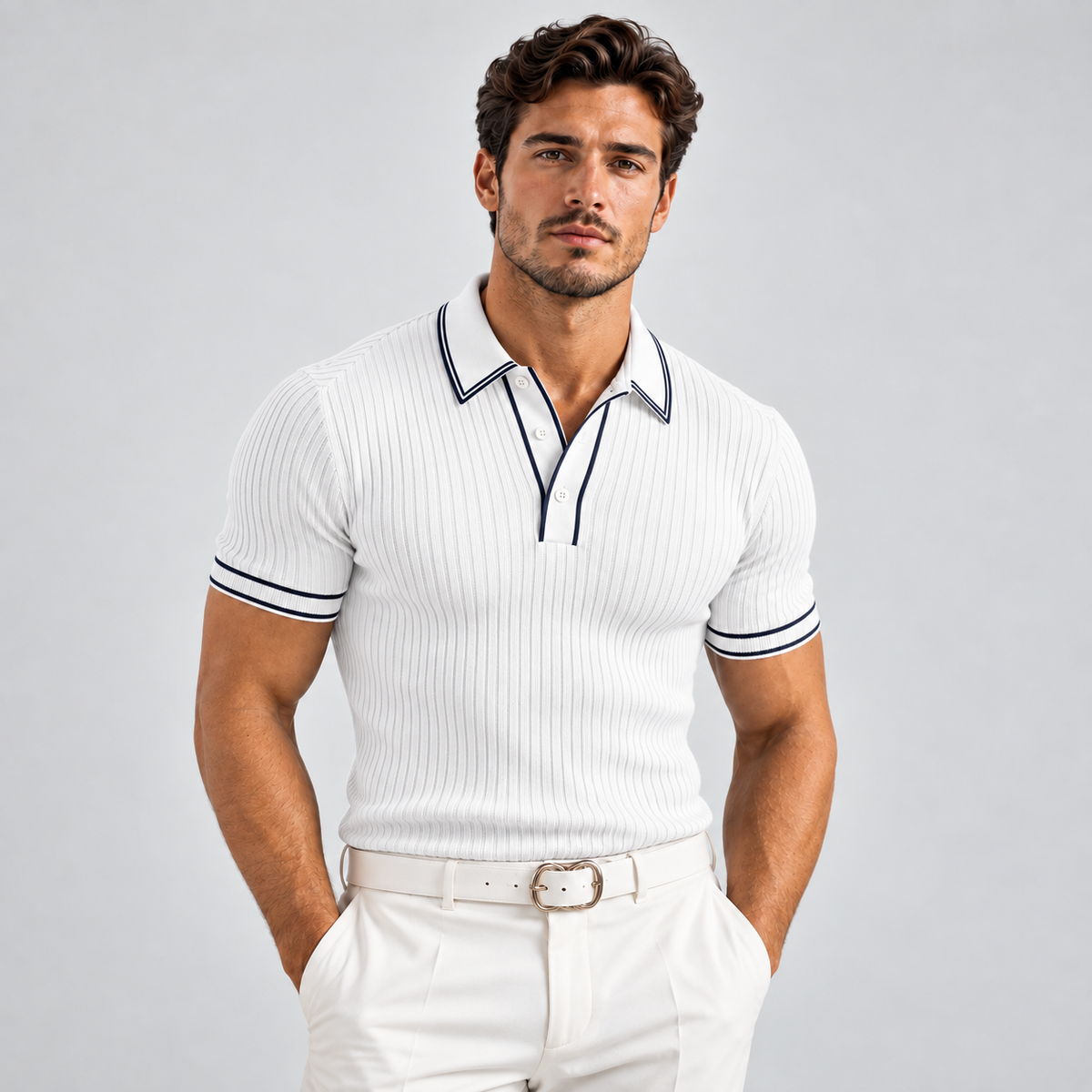 Men's Ribbed Knit Polo Shirt – Contrast Trim, Slim Fit