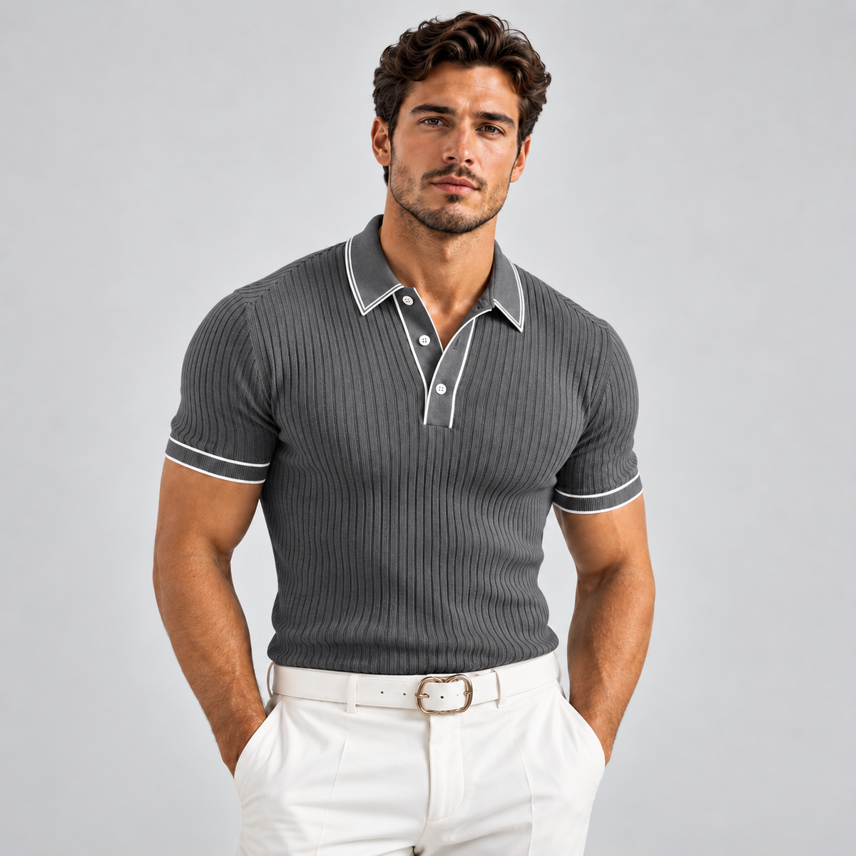 Men's Ribbed Knit Polo Shirt – Contrast Trim, Slim Fit