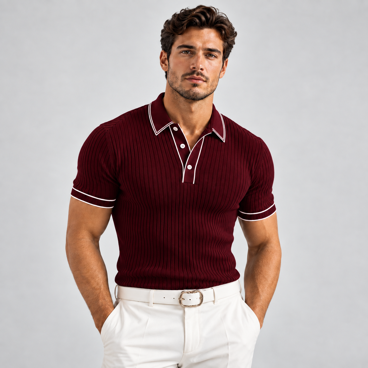 Men's Ribbed Knit Polo Shirt – Contrast Trim, Slim Fit