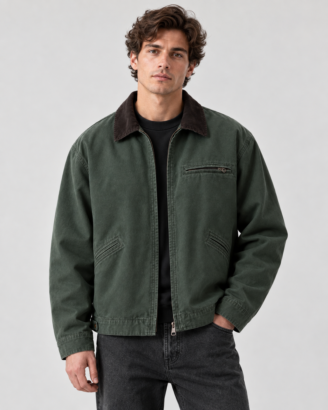 Men's Canvas Barn Jacket – Corduroy Collar, Regular Fit