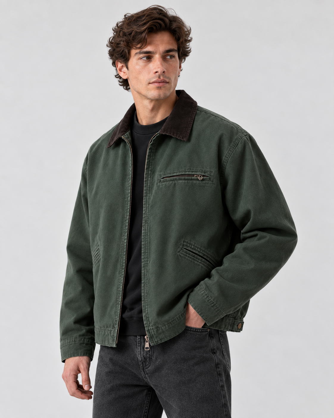 Men's Canvas Barn Jacket – Corduroy Collar, Regular Fit