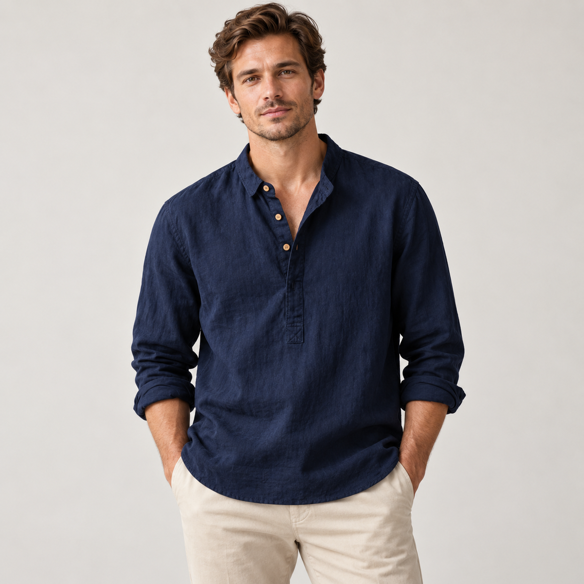 Men's Linen-Cotton Band Collar Henley Shirt – Relaxed Fit