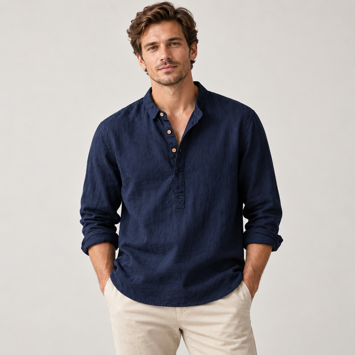 Men's Linen-Cotton Band Collar Henley Shirt – Relaxed Fit