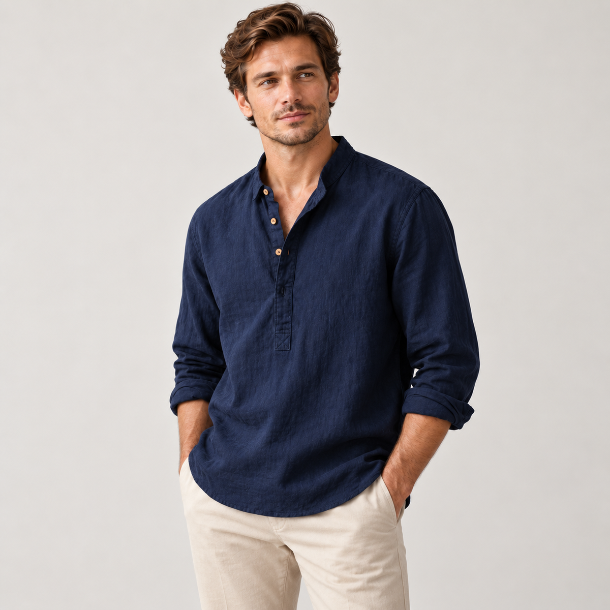 Men's Linen-Cotton Band Collar Henley Shirt – Relaxed Fit