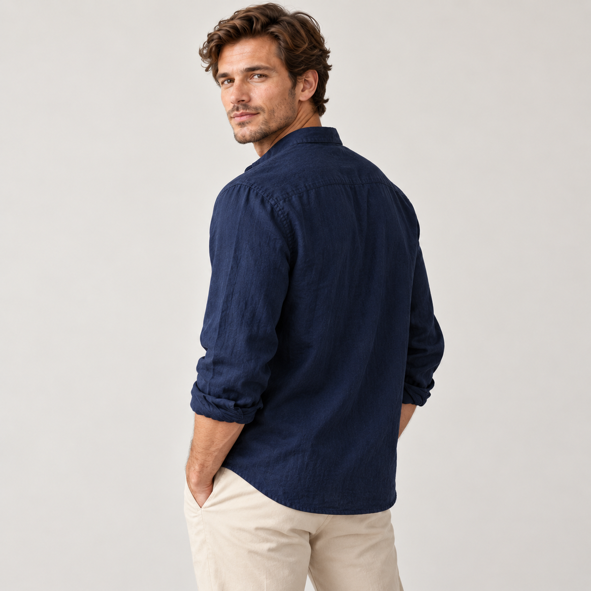 Men's Linen-Cotton Band Collar Henley Shirt – Relaxed Fit
