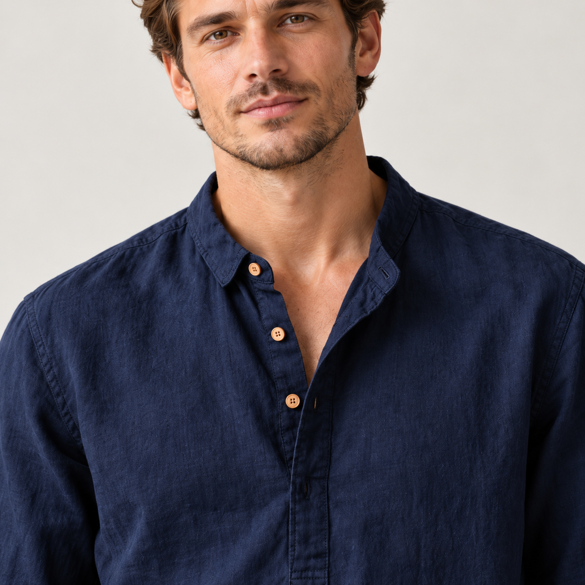 Men's Linen-Cotton Band Collar Henley Shirt – Relaxed Fit