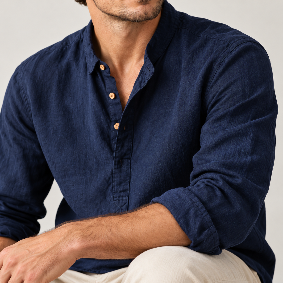 Men's Linen-Cotton Band Collar Henley Shirt – Relaxed Fit