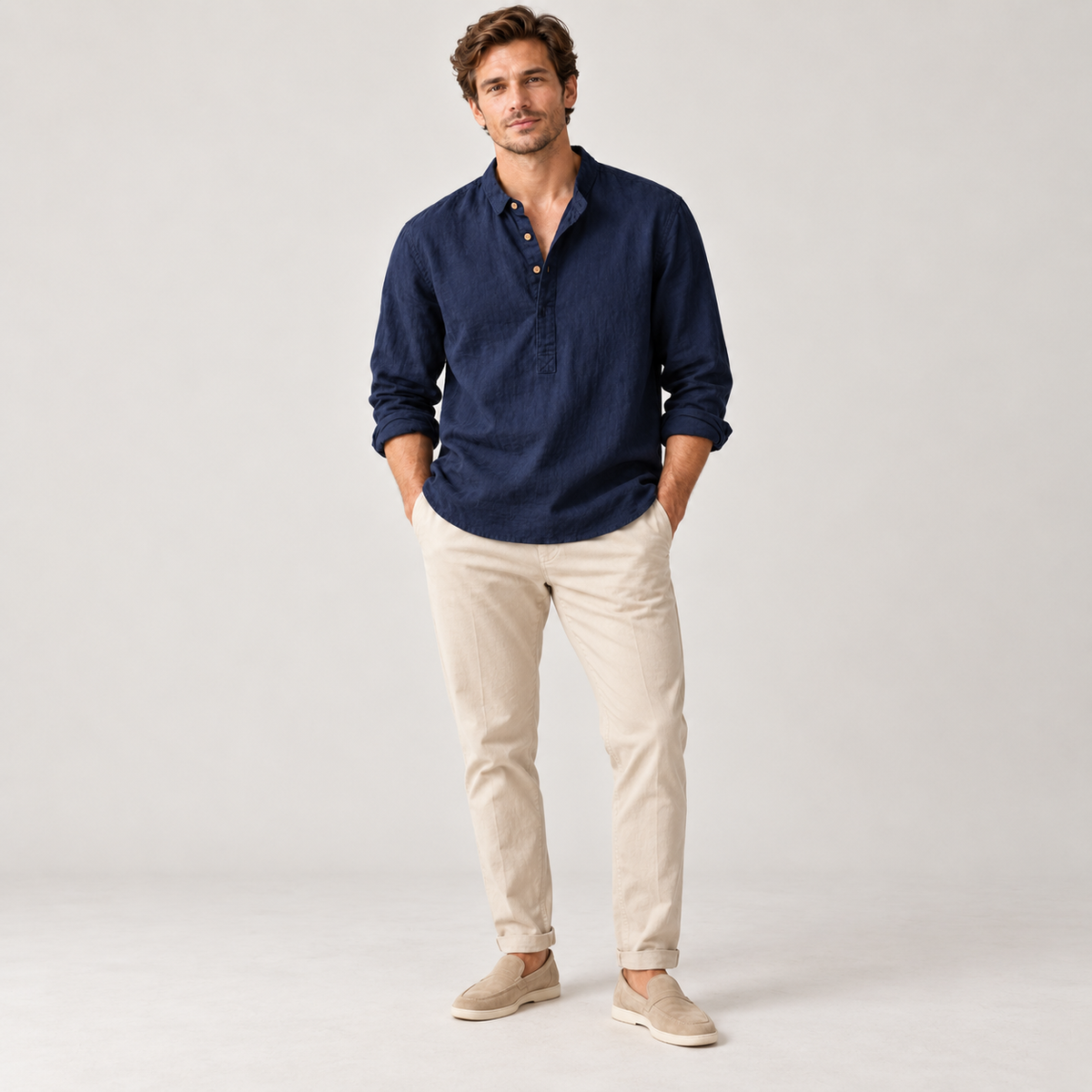 Men's Linen-Cotton Band Collar Henley Shirt – Relaxed Fit