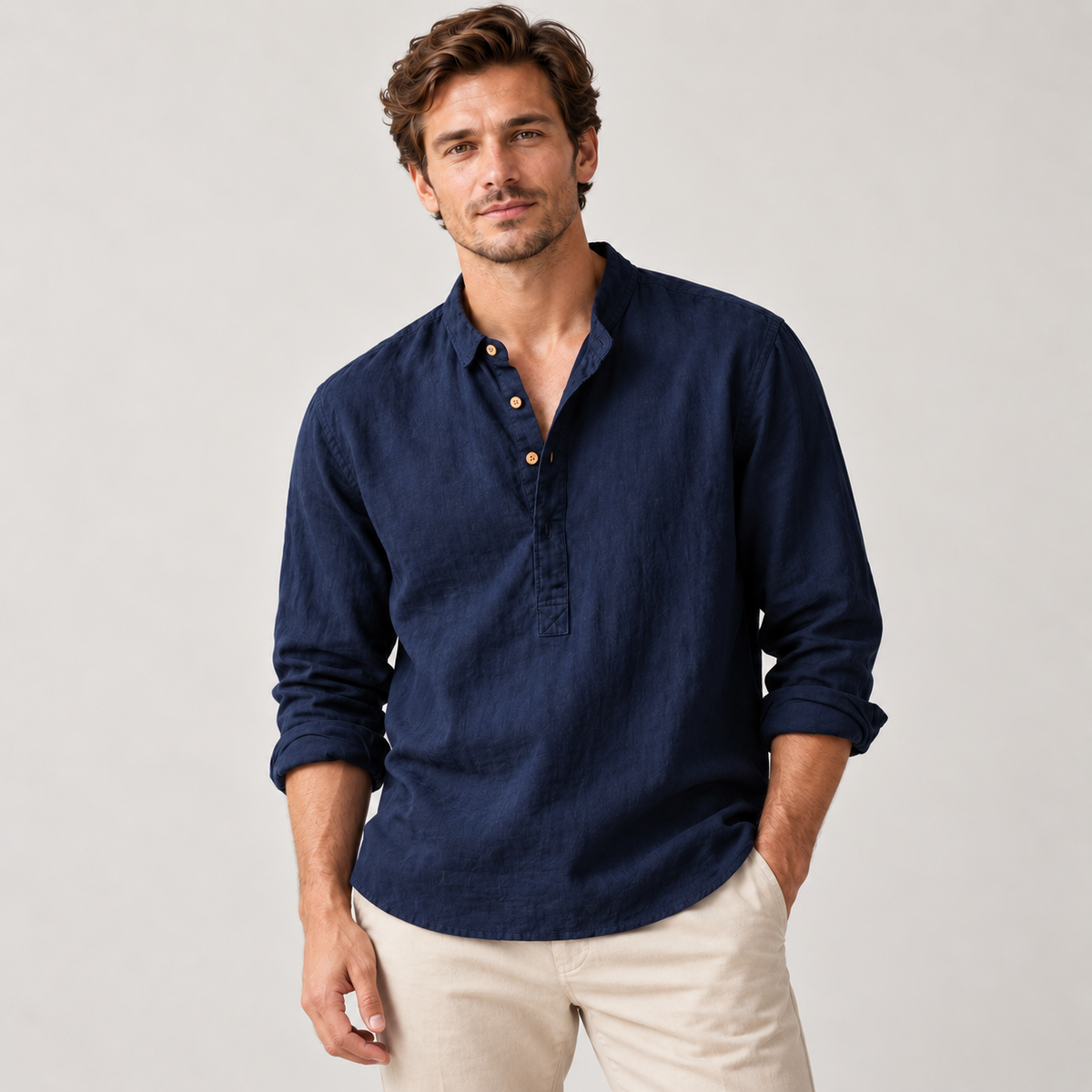 Men's Linen-Cotton Band Collar Henley Shirt – Relaxed Fit
