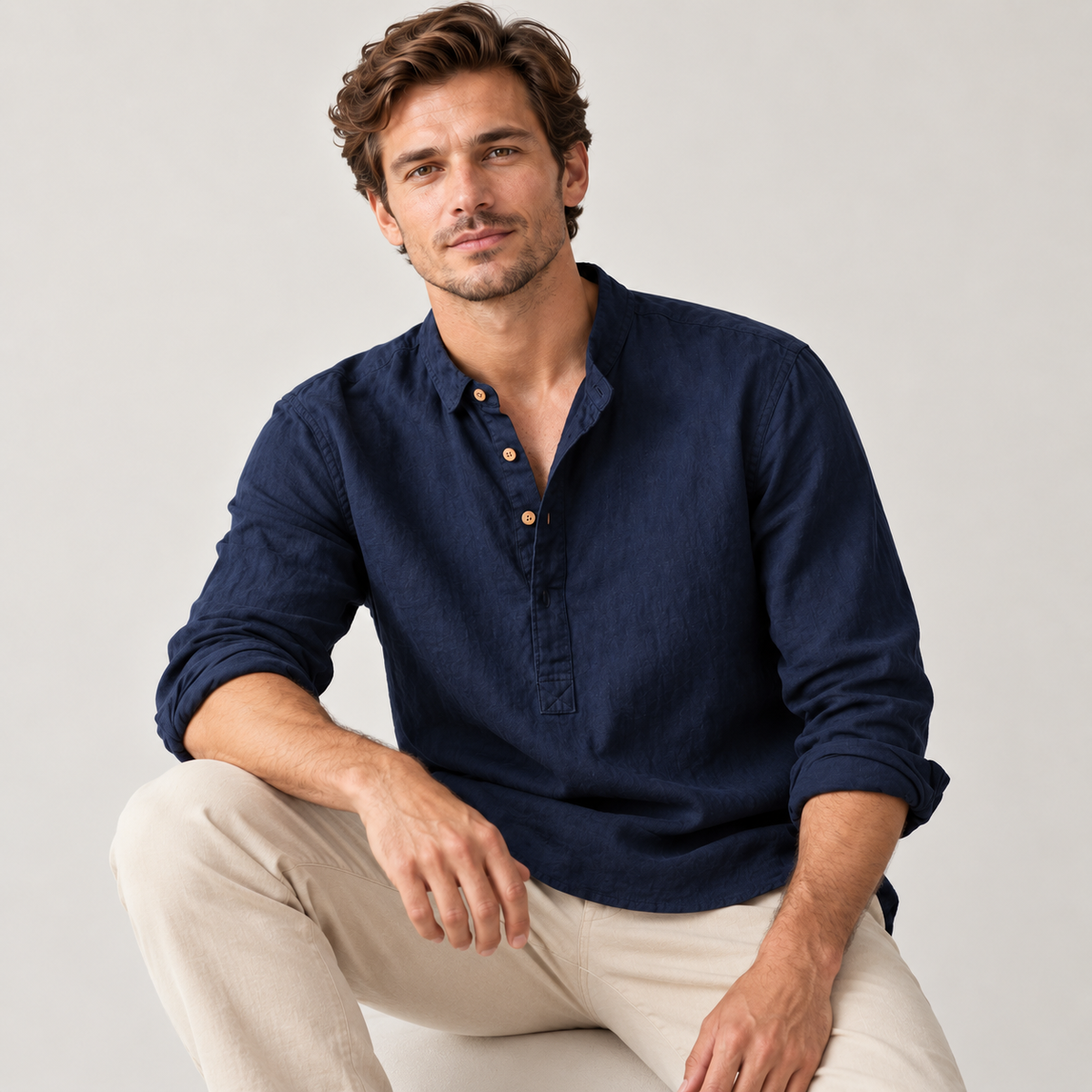 Men's Linen-Cotton Band Collar Henley Shirt – Relaxed Fit
