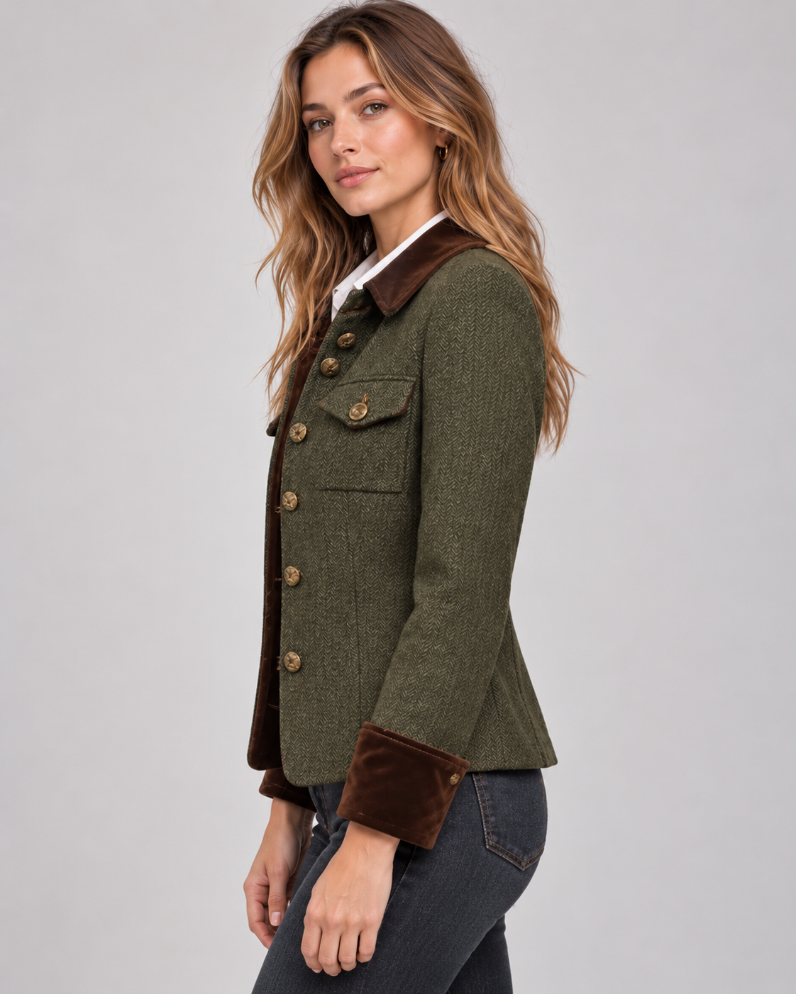 Women's Herringbone Tweed Jacket with Gold Buttons
