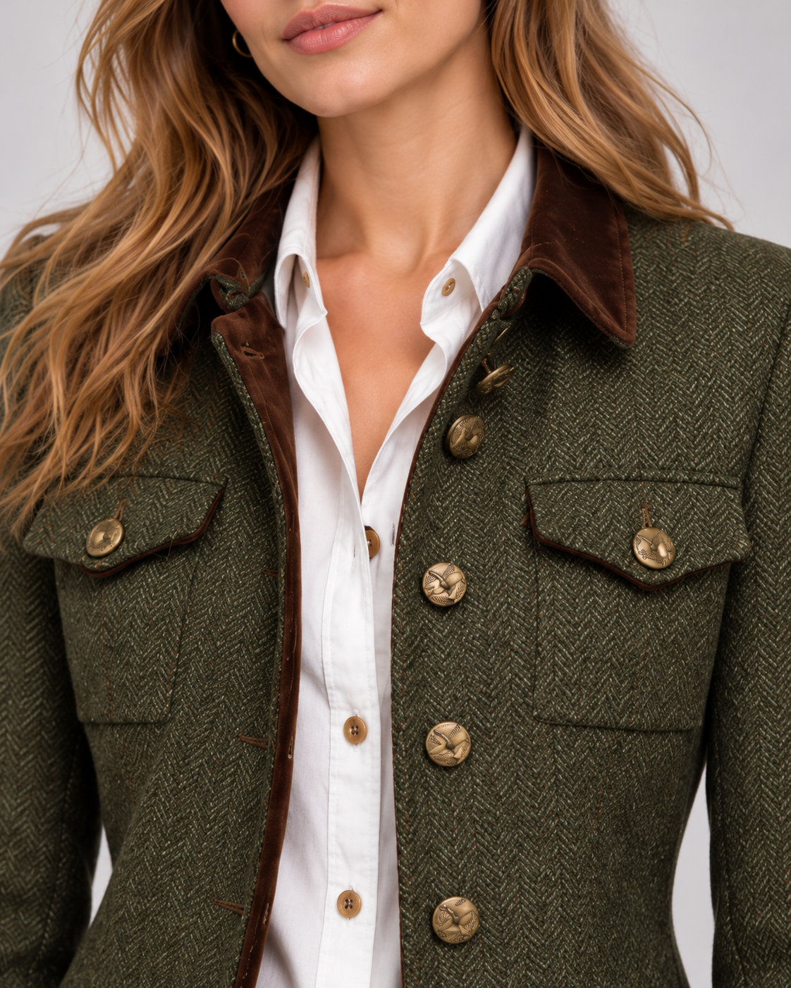 Women's Herringbone Tweed Jacket with Gold Buttons