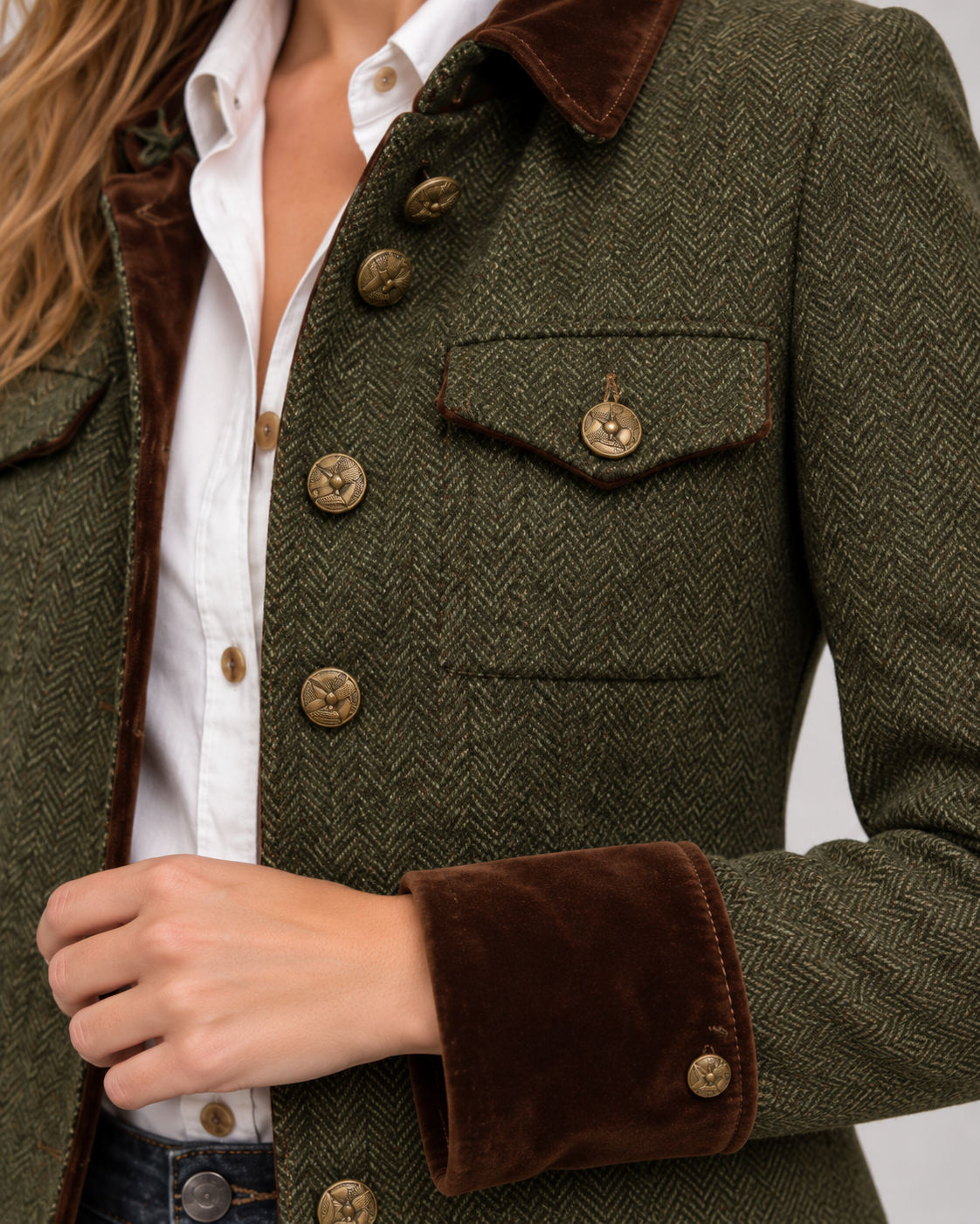 Women's Herringbone Tweed Jacket with Gold Buttons