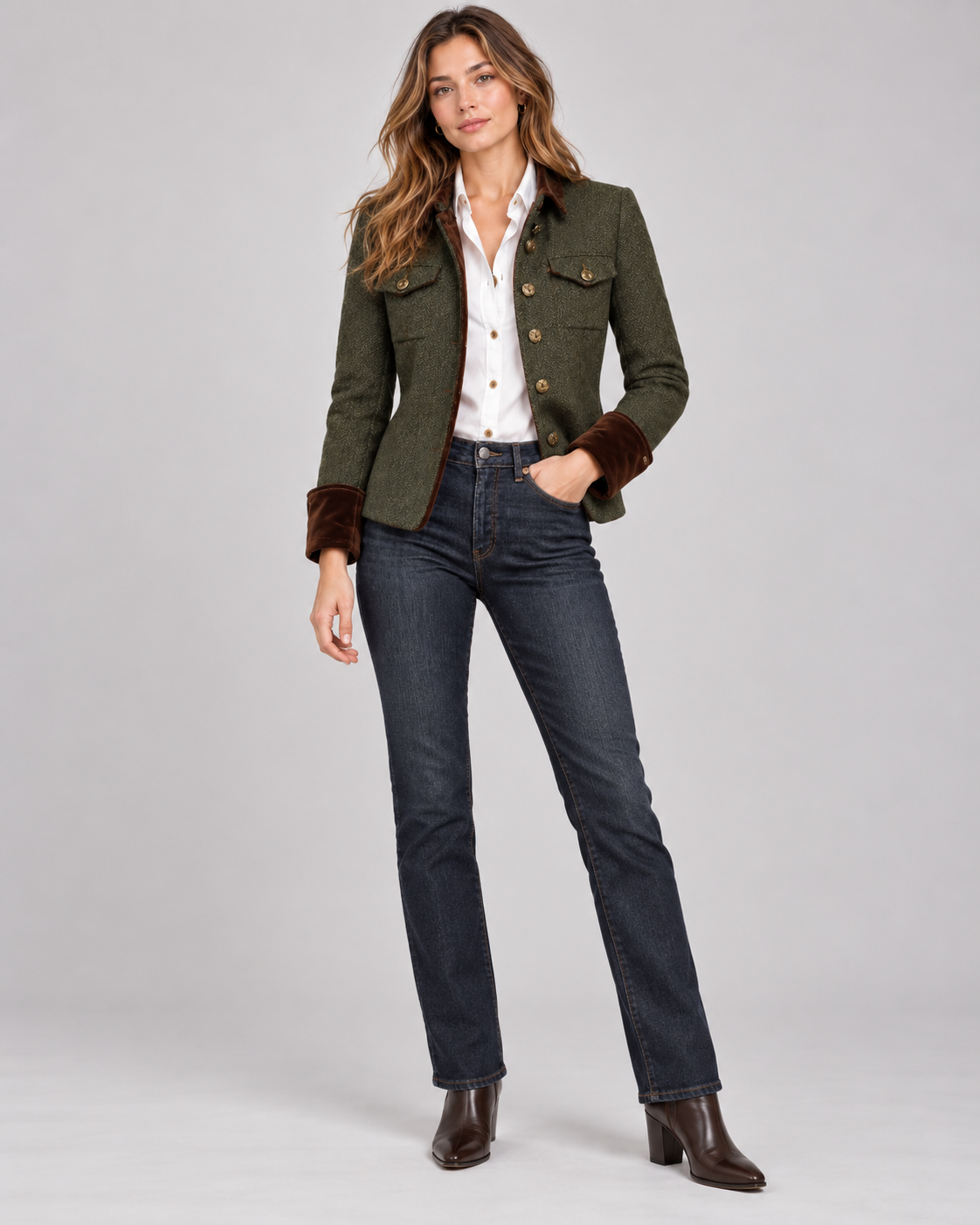 Women's Herringbone Tweed Jacket with Gold Buttons