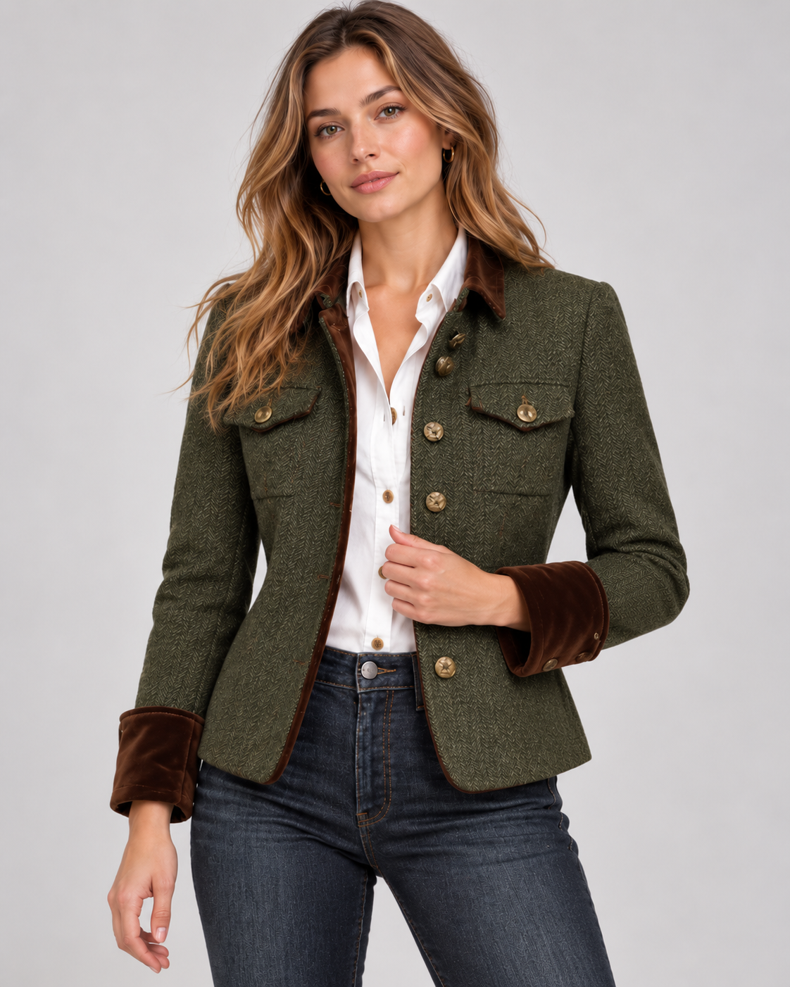 Women's Herringbone Tweed Jacket with Gold Buttons