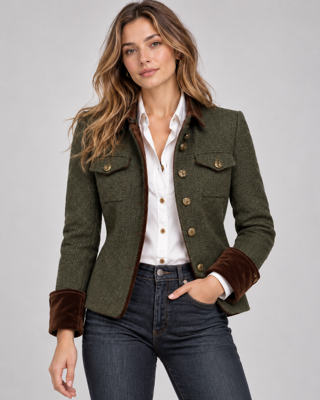 Women's Herringbone Tweed Jacket with Gold Buttons
