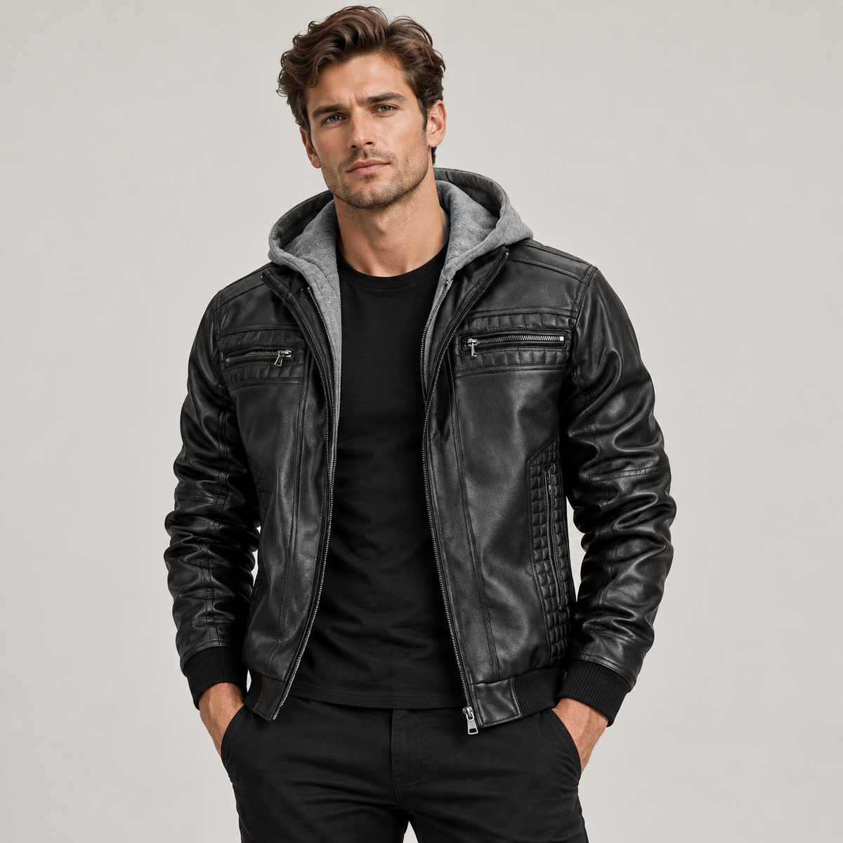 Men's Hooded Faux Leather Bomber Jacket