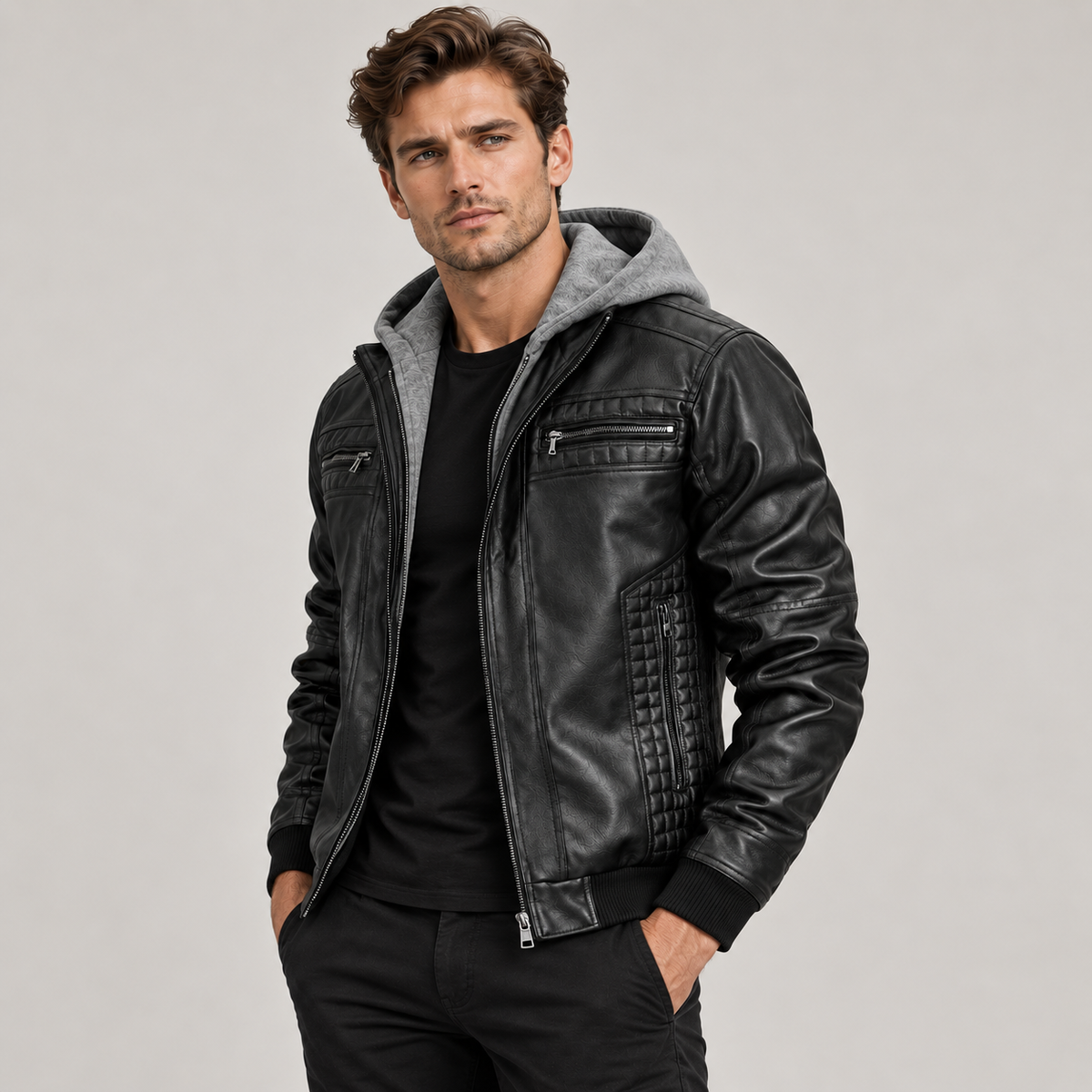Men's Hooded Faux Leather Bomber Jacket