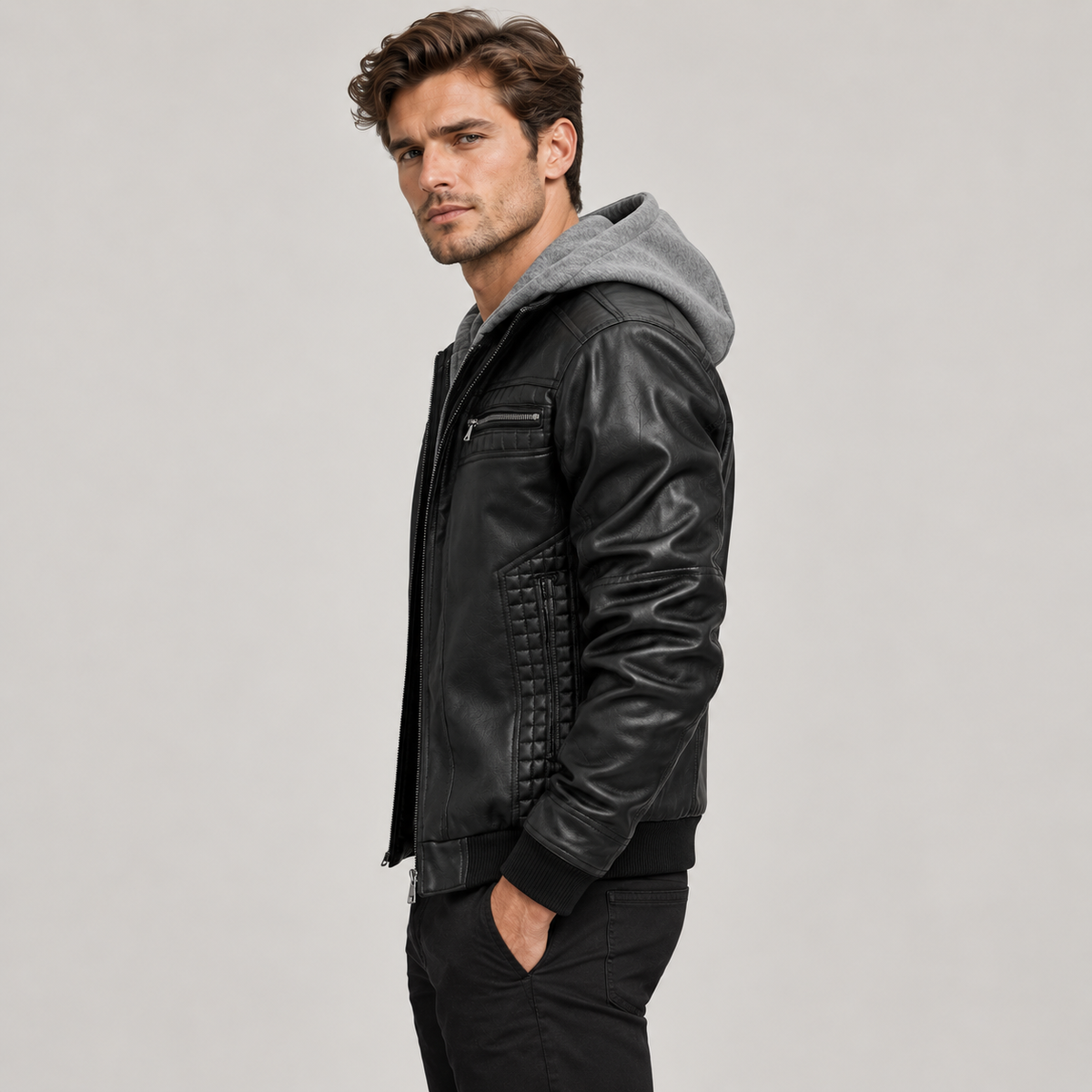 Men's Hooded Faux Leather Bomber Jacket