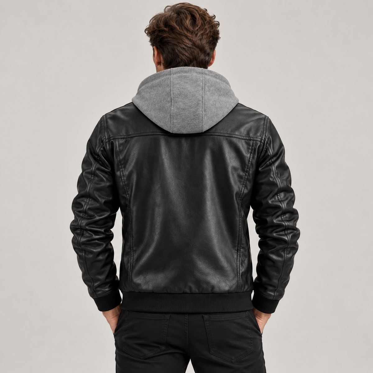 Men's Hooded Faux Leather Bomber Jacket