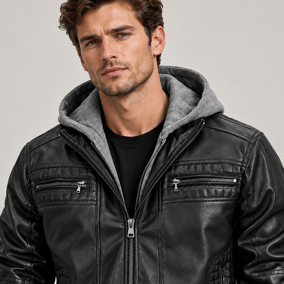 Men's Hooded Faux Leather Bomber Jacket