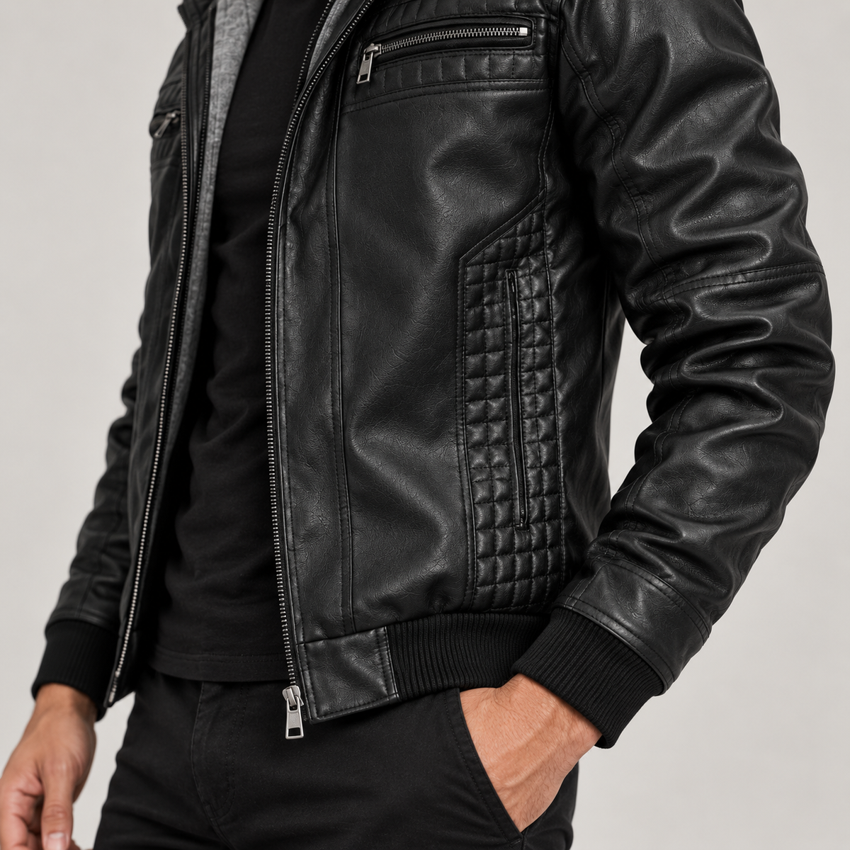 Men's Hooded Faux Leather Bomber Jacket