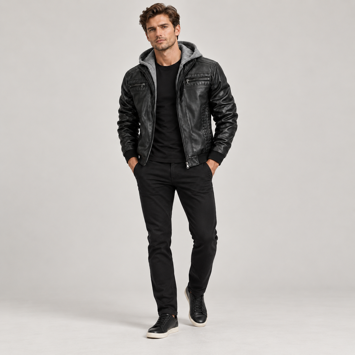 Men's Hooded Faux Leather Bomber Jacket