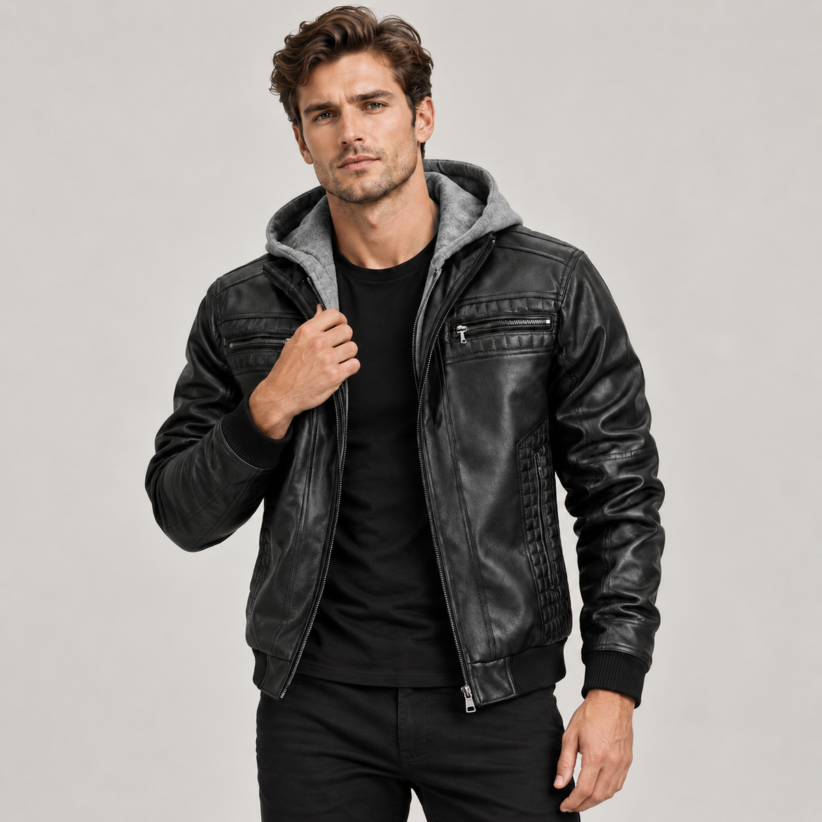 Men's Hooded Faux Leather Bomber Jacket