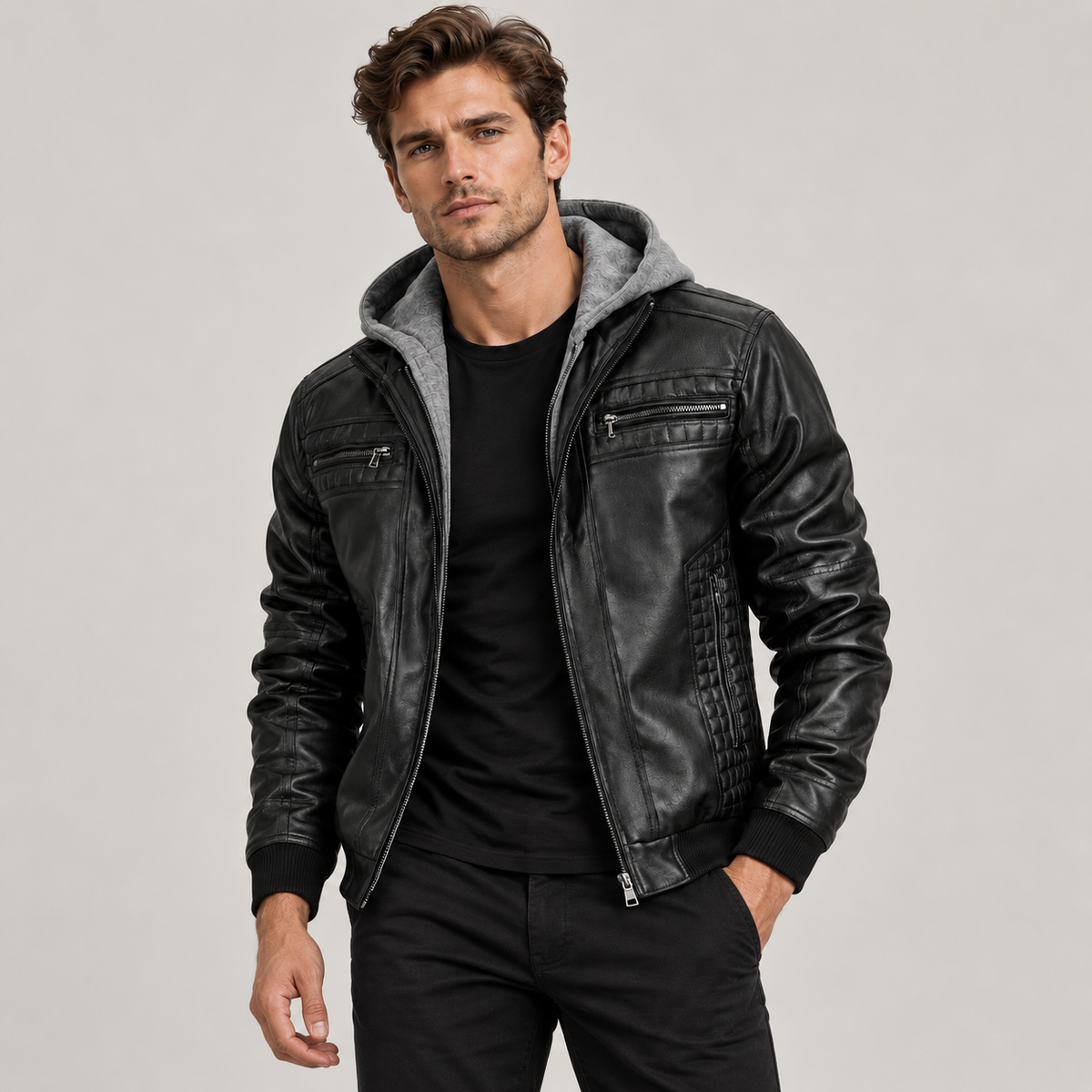 Men's Hooded Faux Leather Bomber Jacket