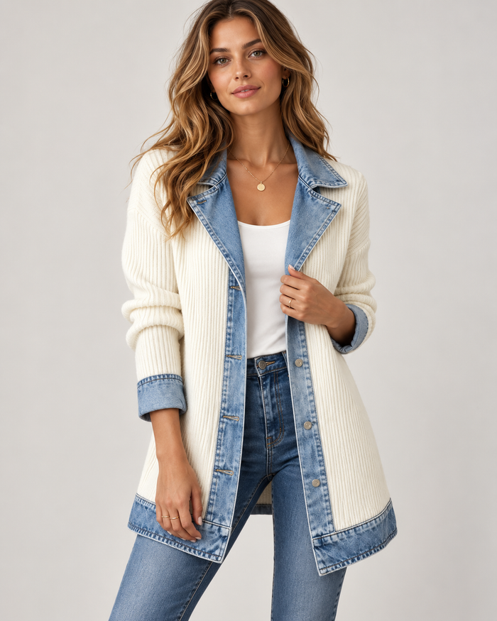 Women's Denim Trim Longline Jacket – Contrast Button Front