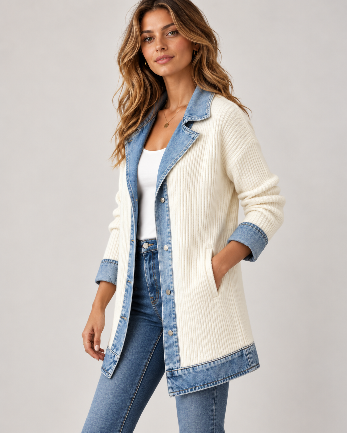 Women's Denim Trim Longline Jacket – Contrast Button Front