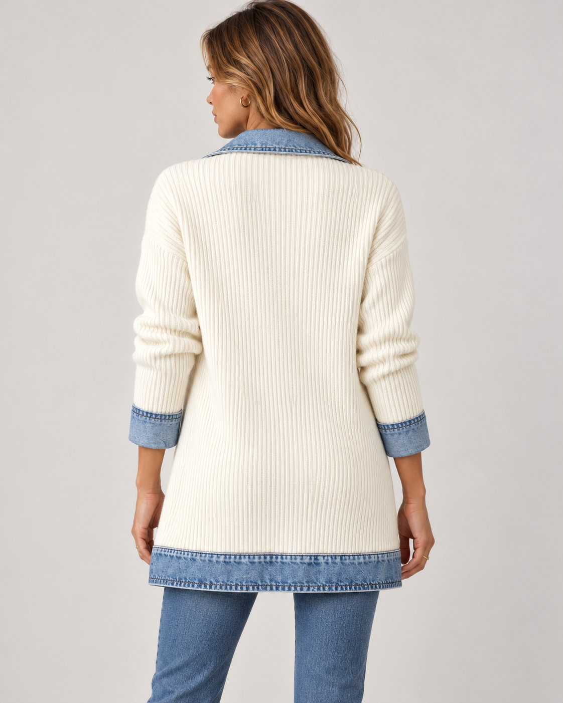 Women's Denim Trim Longline Jacket – Contrast Button Front
