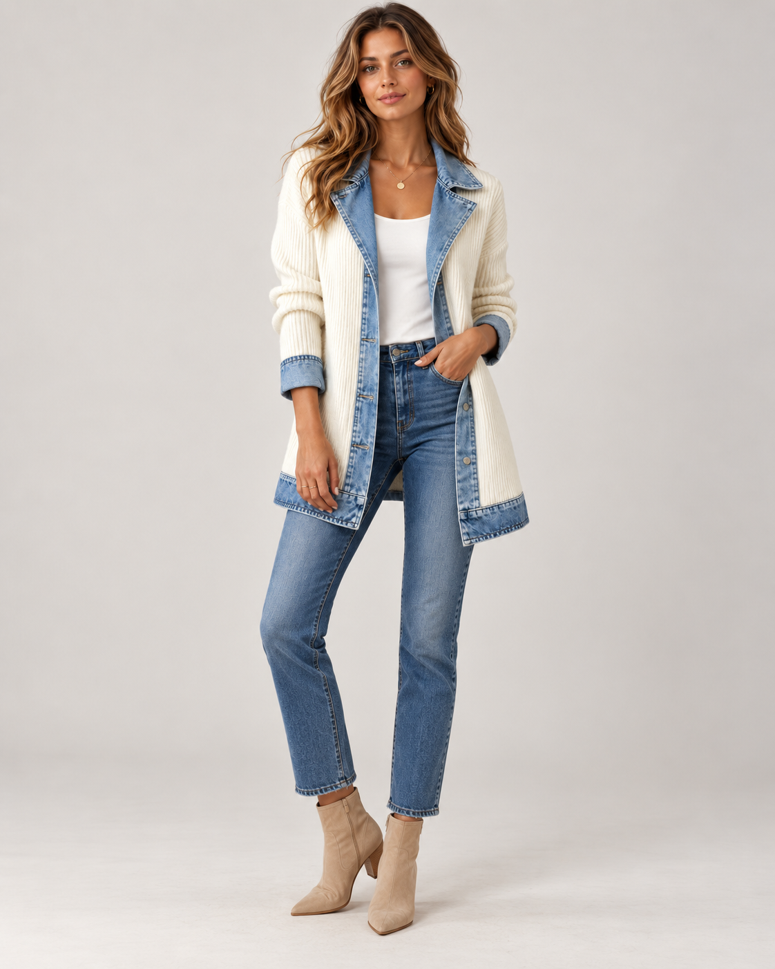 Women's Denim Trim Longline Jacket – Contrast Button Front