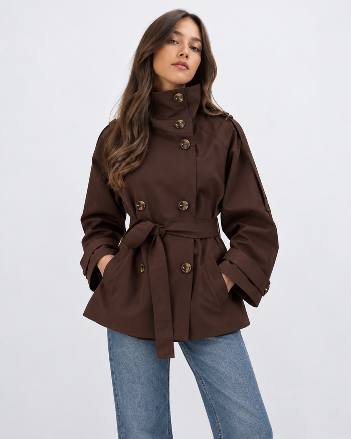Women's Cropped Trench Coat – Double-Breasted Belted Jacket