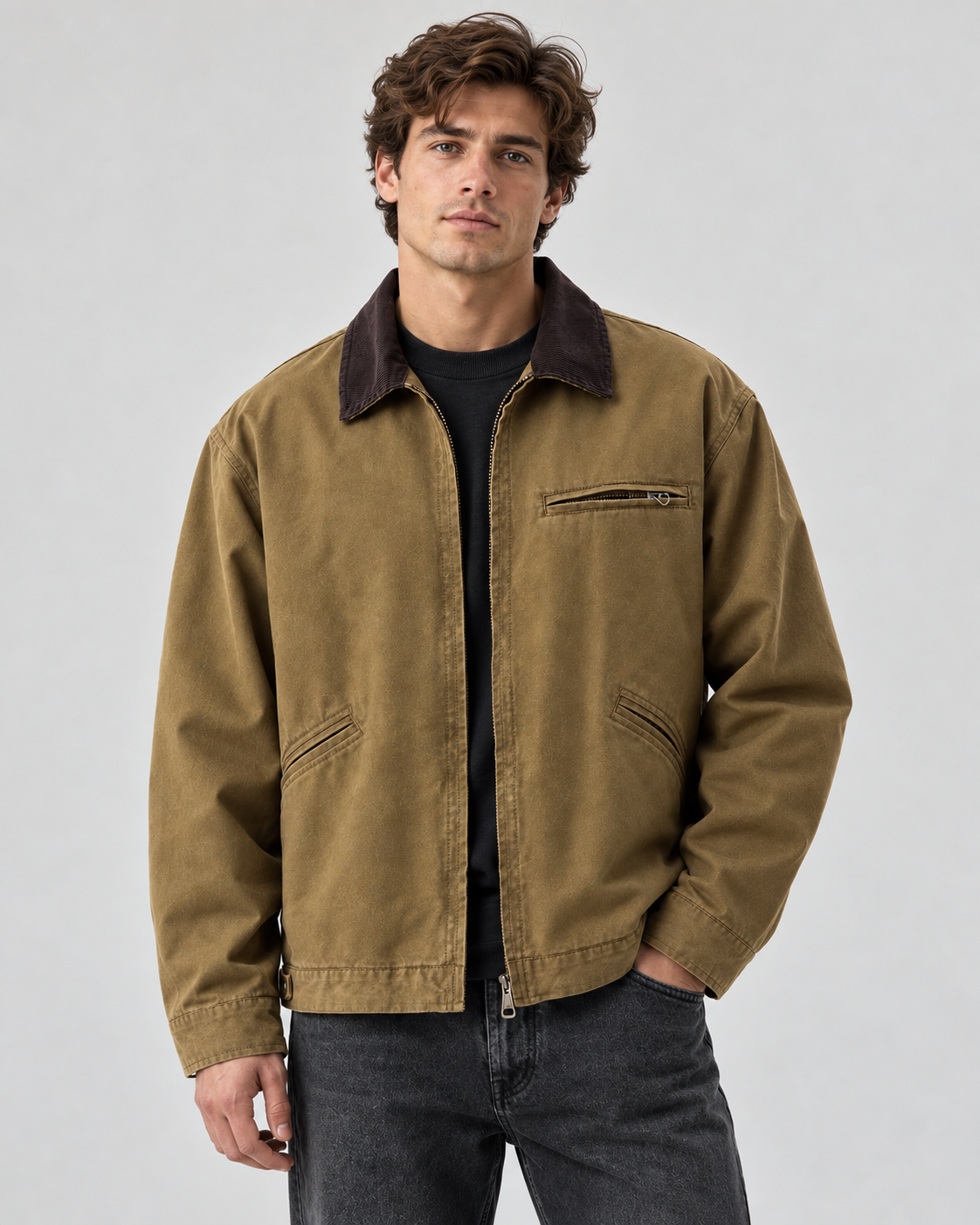 Men's Canvas Barn Jacket – Corduroy Collar, Regular Fit