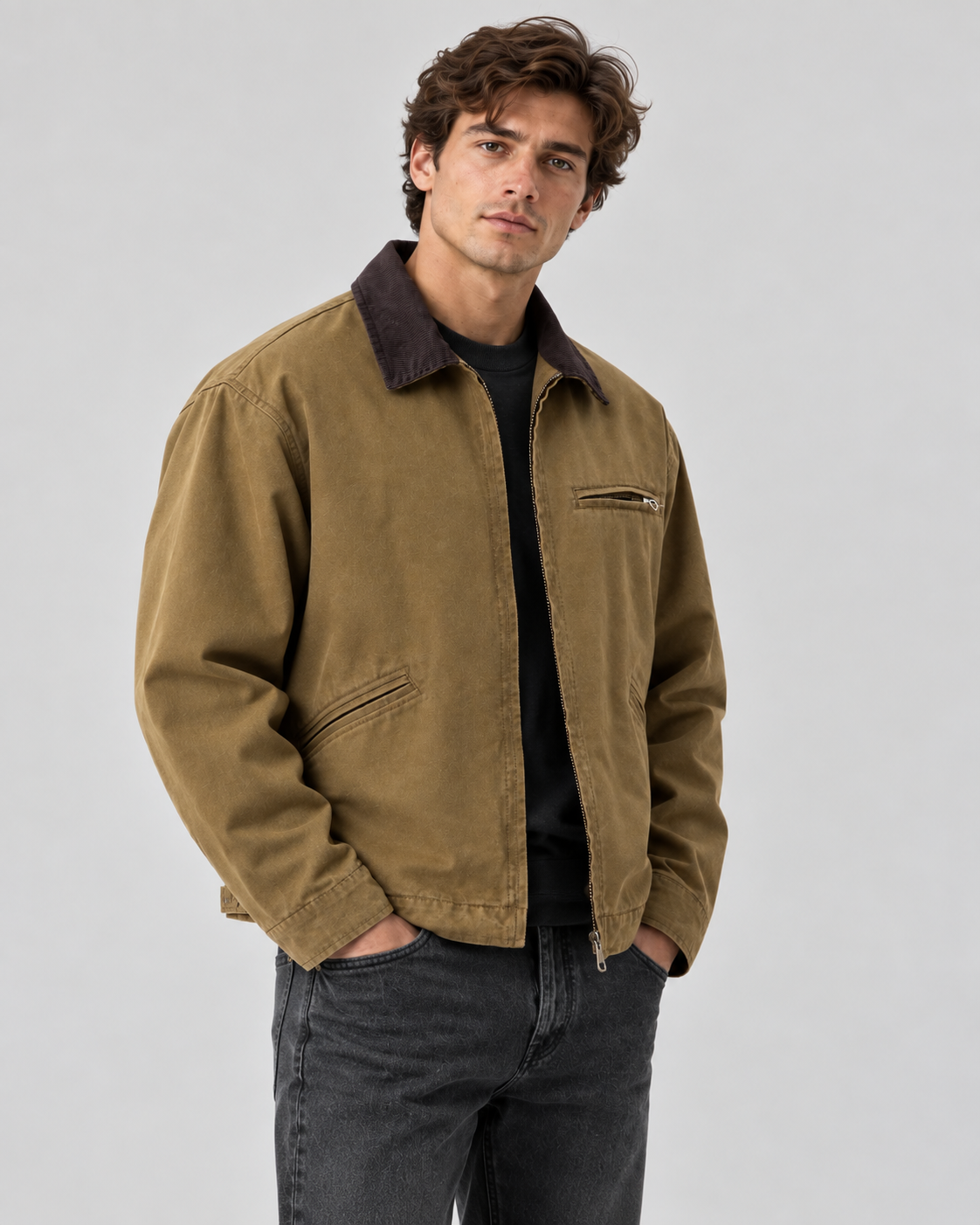Men's Canvas Barn Jacket – Corduroy Collar, Regular Fit