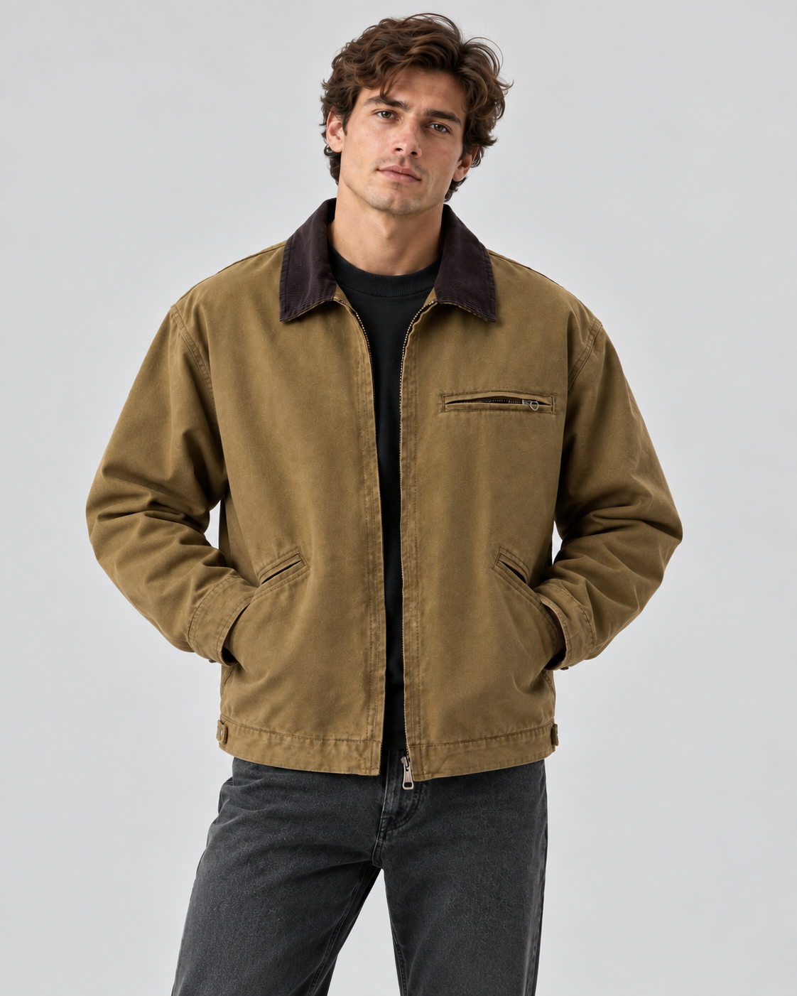 Men's Canvas Barn Jacket – Corduroy Collar, Regular Fit