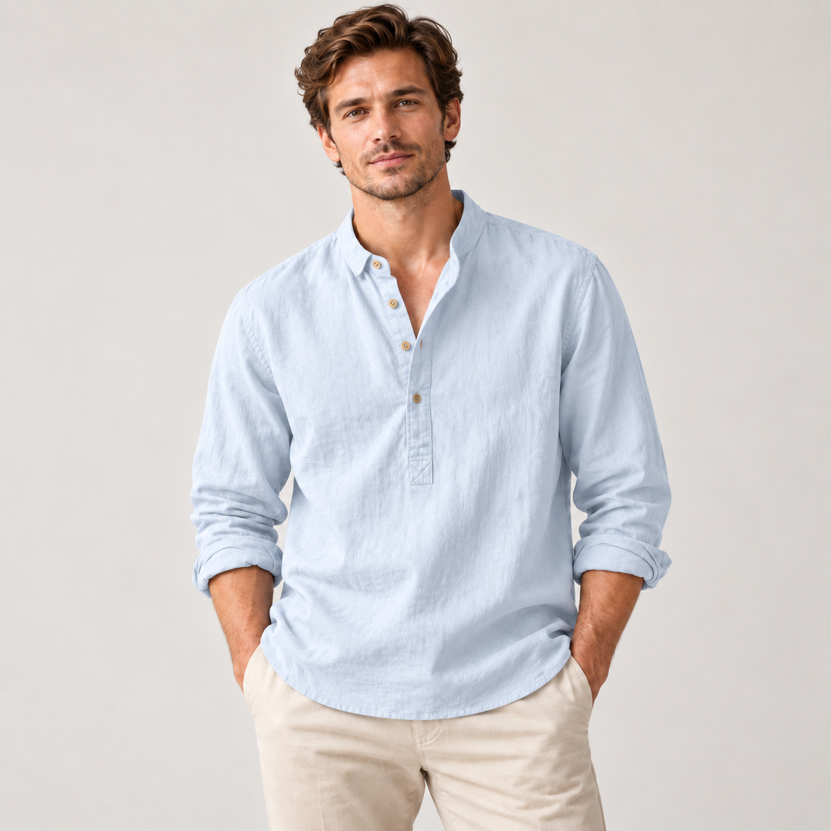 Men's Linen-Cotton Band Collar Henley Shirt – Relaxed Fit
