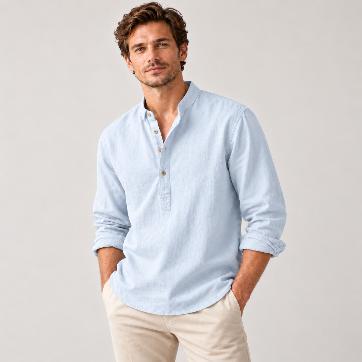Men's Linen-Cotton Band Collar Henley Shirt – Relaxed Fit