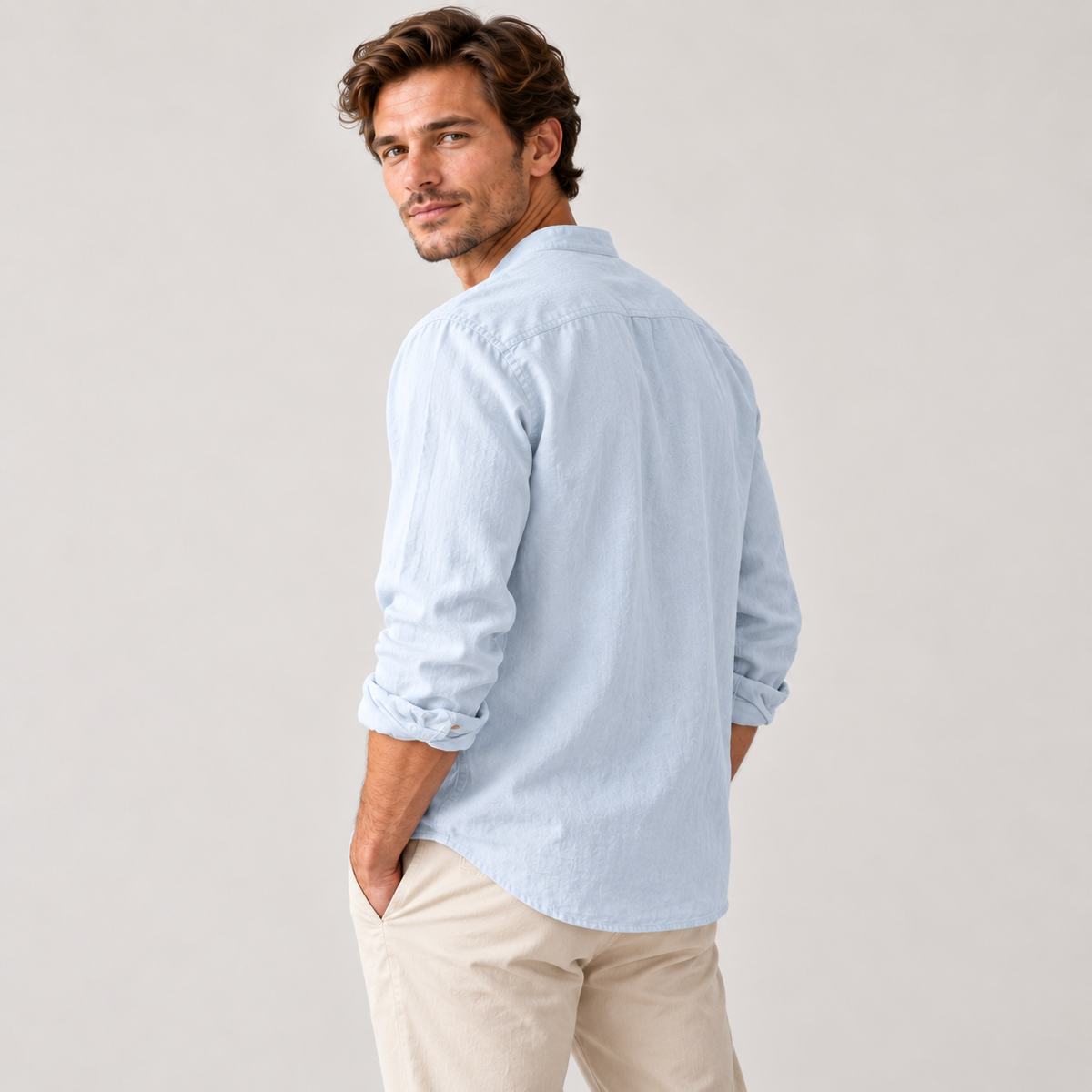 Men's Linen-Cotton Band Collar Henley Shirt – Relaxed Fit
