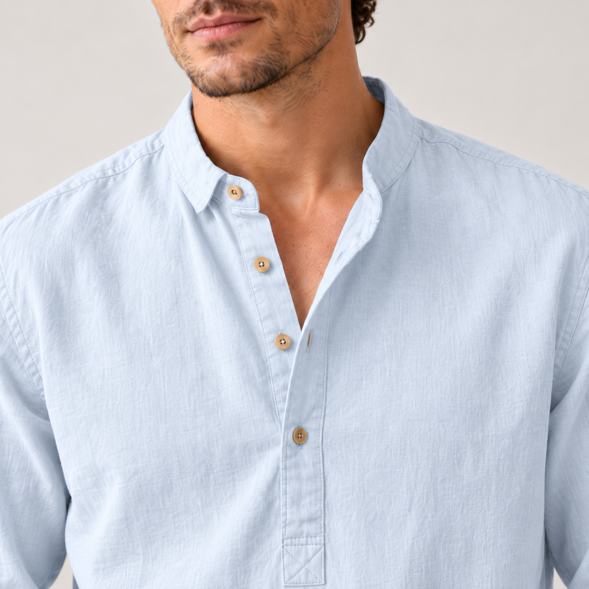 Men's Linen-Cotton Band Collar Henley Shirt – Relaxed Fit