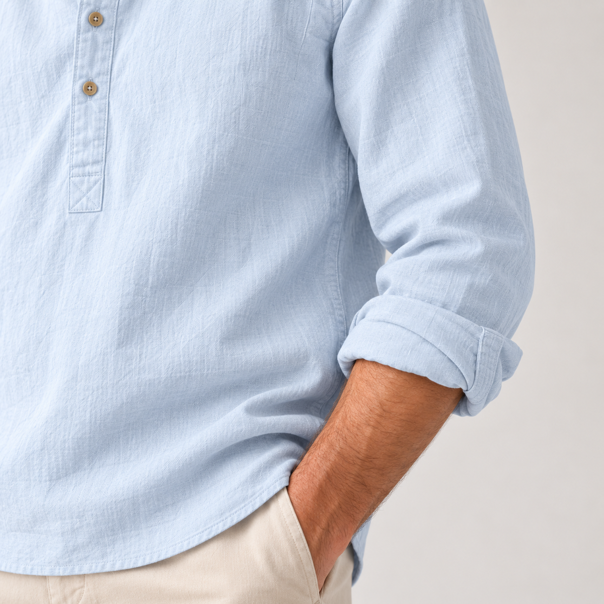 Men's Linen-Cotton Band Collar Henley Shirt – Relaxed Fit