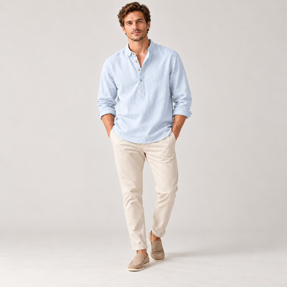 Men's Linen-Cotton Band Collar Henley Shirt – Relaxed Fit