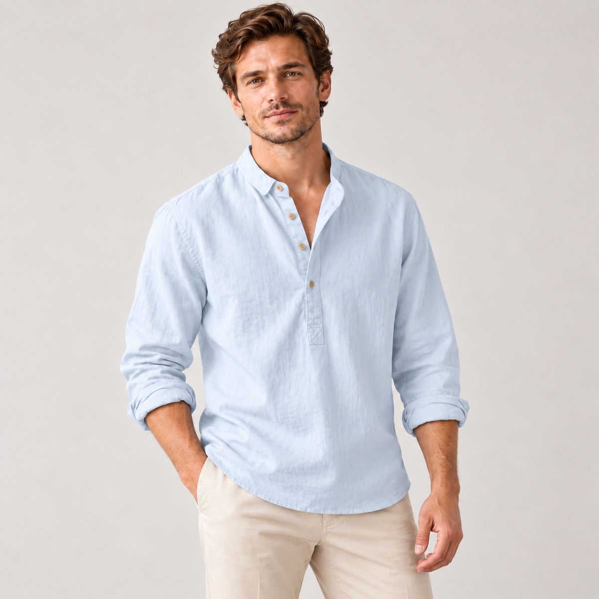 Men's Linen-Cotton Band Collar Henley Shirt – Relaxed Fit