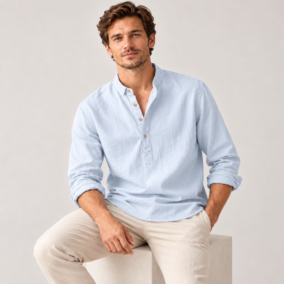 Men's Linen-Cotton Band Collar Henley Shirt – Relaxed Fit