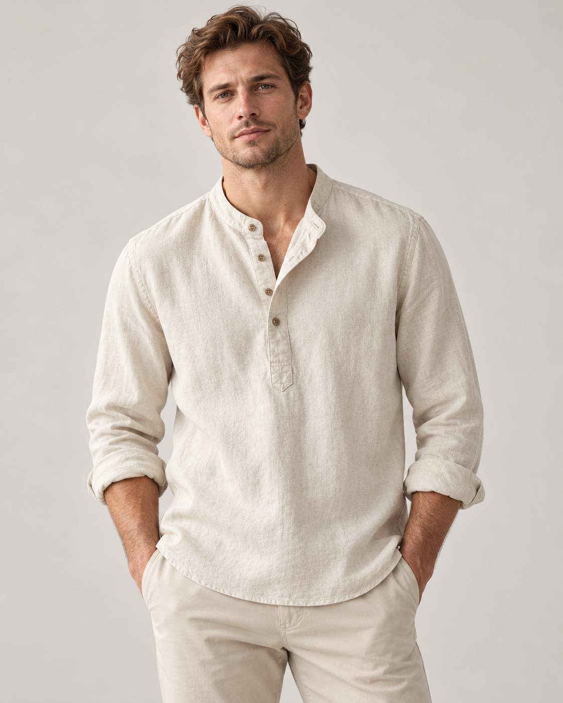 Men's Linen-Cotton Band Collar Henley Shirt – Relaxed Fit