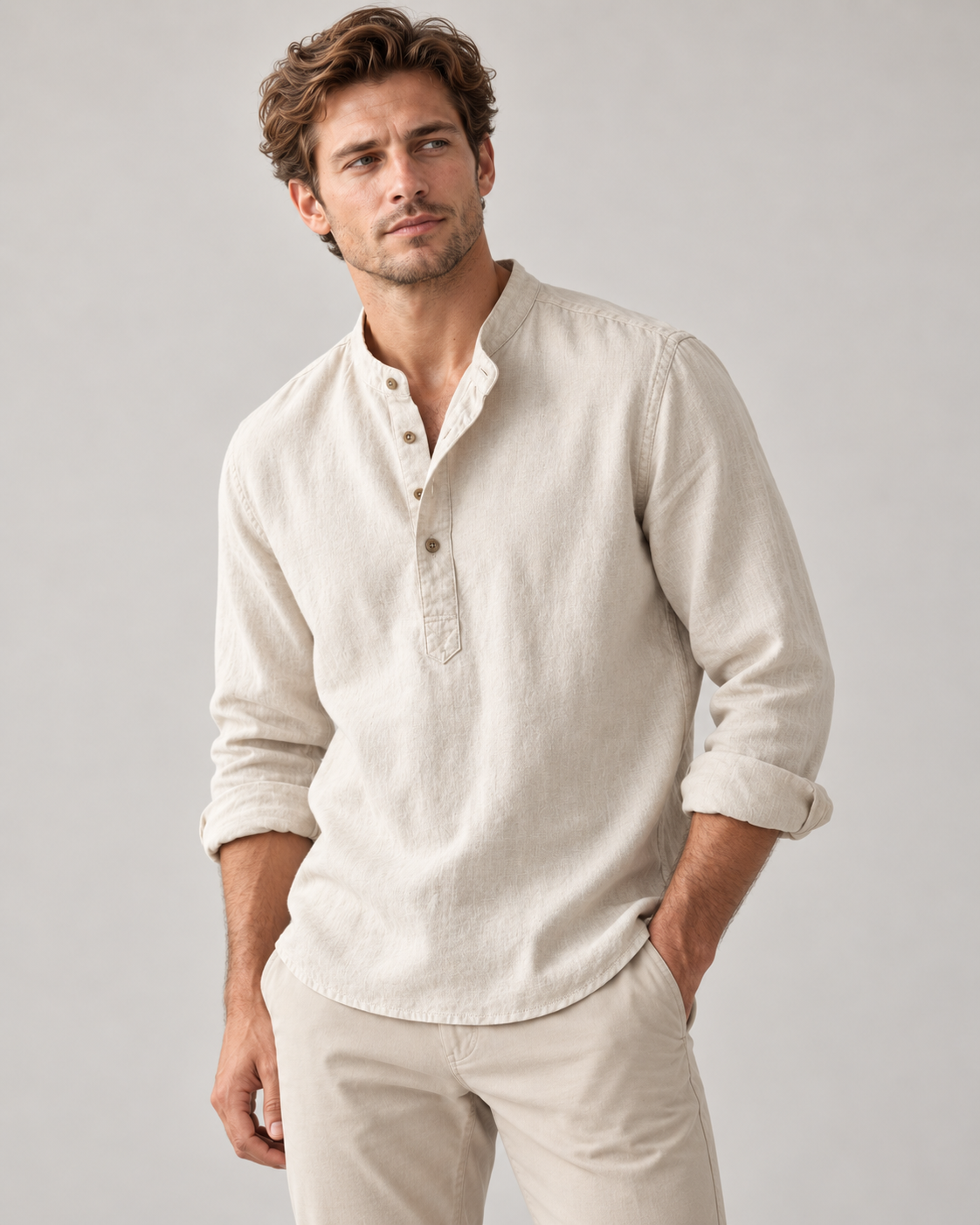 Men's Linen-Cotton Band Collar Henley Shirt – Relaxed Fit