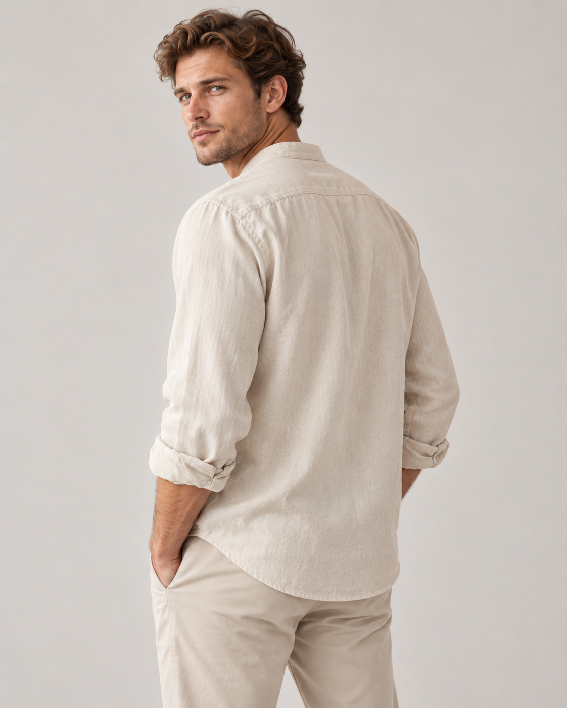 Men's Linen-Cotton Band Collar Henley Shirt – Relaxed Fit