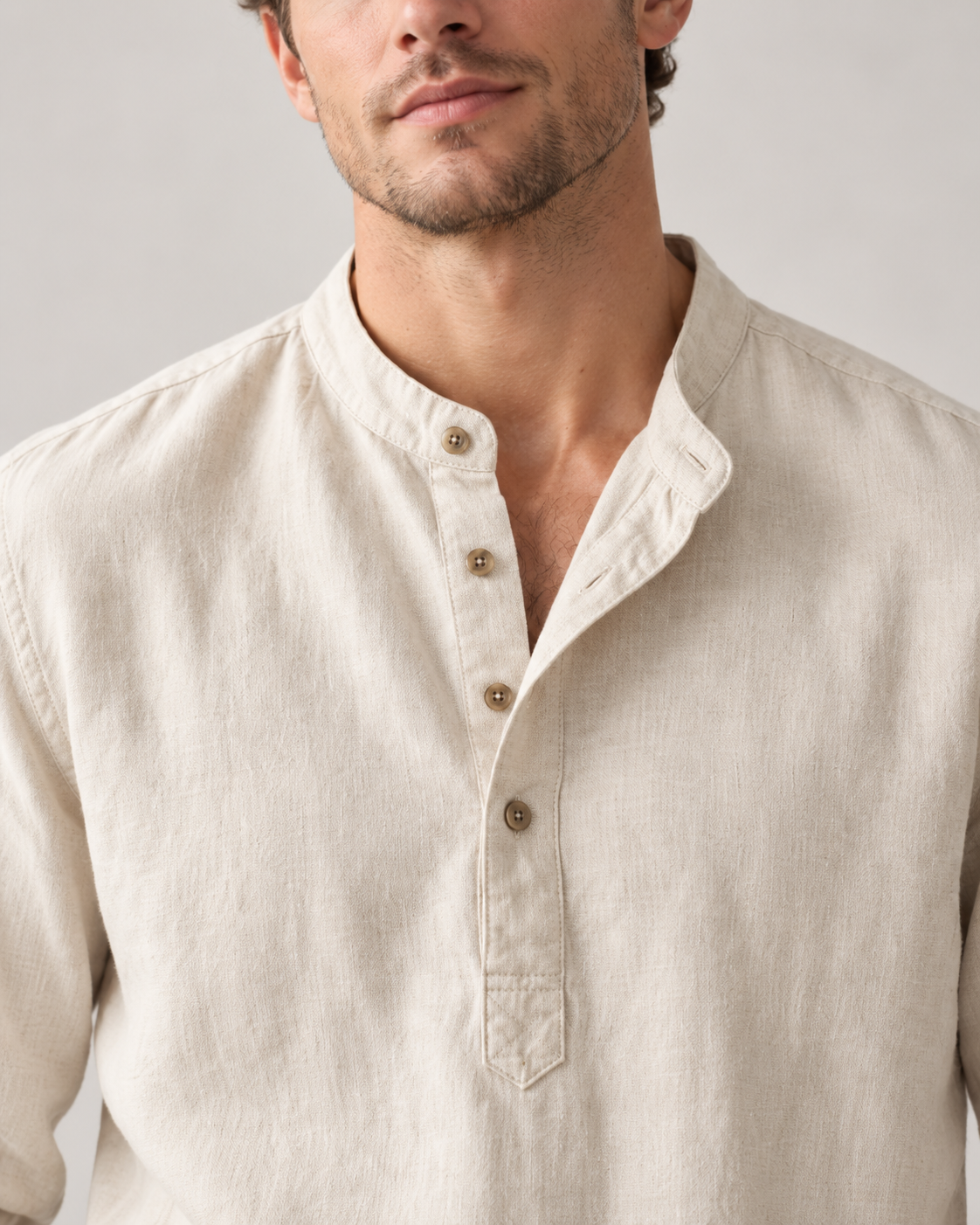 Men's Linen-Cotton Band Collar Henley Shirt – Relaxed Fit